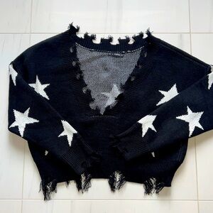 Black Zaful Distressed Sweater with White Star Pattern One Size